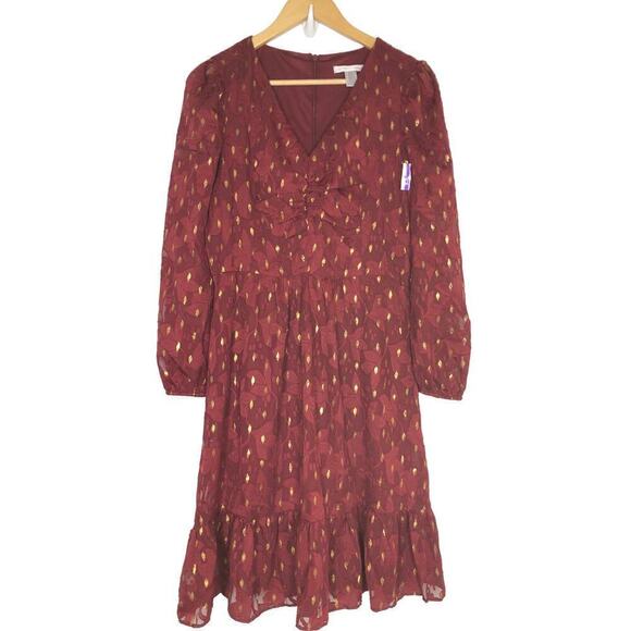 London Times Burnout Dress Long Sleeve Fit & Flare Dress Fig Gold NWT 8 - Picture 4 of 9